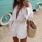 cheap Sets-Women&#039;s Normal Linen-Inspired Sets Streetwear Solid Color Long Sleeve V Neck Pocket Street Daily Regular Fit White Summer