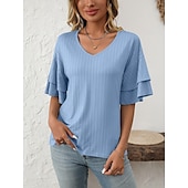 cheap Plain tee-Women&#039;s T Shirt Plain Fashion Modern Short Sleeve V Neck Regular Tops Daily Ruffle Black White Wine Sky Blue Fuchsia Summer