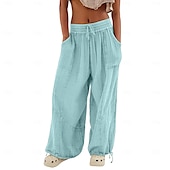 ieftine Pantaloni din bumbac simplu-pantaloni din bumbac și pânză pentru femei, îmbrăcăminte stradală la modă, confort, lungime, talie înaltă, șnur simplu, talie elastică, șnur confortabil în aer liber, ținută confortabilă de zi cu zi