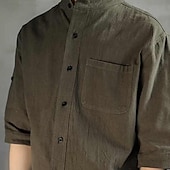 economico Casual da lavoro-Per uomo Camicia in cotone e lino Semplice Vacanza Nero Bianco Verde Mezza Manica Colletto alla coreana Estate Abbigliamento Bottonato