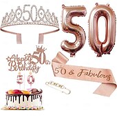 economico Forniture per eventi e feste-set deluxe da 6 pezzi per festa di compleanno in oro rosa - numeri di palloncini (10-80), tiara, fascia, candeline per torta, cake topper - per bambine &amp; donne