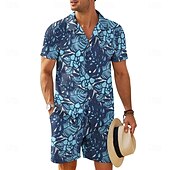 cheap Men&#039;s Printed Shirts Sets-Men&#039;s Floral 2pcs Shirts Sets Shirt Short Sleeve Short Pants Cuban Collar Vacation Casual Daily Vacation Wear 3D Print Summer Robin&#039;s Egg Blue Green Brown