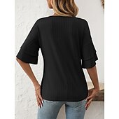 cheap Plain tee-Women&#039;s T Shirt Plain Fashion Modern Short Sleeve V Neck Regular Tops Daily Ruffle Black White Wine Sky Blue Fuchsia Summer