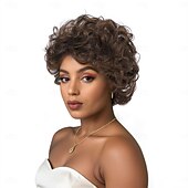 baratos Perucas de Qualidade Superior-Perucas sintéticas Trama Curly Encaracolados Corte em Camadas Com Franjas Fabrico à Máquina Peruca 12 polegadas A1 Cabelo Sintético Mulheres Elástico Legal Clássico Marrom Claro
