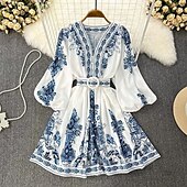 billiga Bohemklänningar-Dam Midiklänning Boho-klänning Klänning med tryck Mode Puffärmad Utomhus Helgdag Utekväll Normal Blomma Långärmad V-hals Blå Sommar