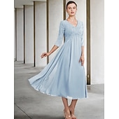 economico Lunghezza del pavimento-Abito per la madre della sposa A-Line invitata a un matrimonio elegante taglie forti scollo a V lunghezza tè in chiffon pizzo manica 3/4 con ruches applicazioni 2025 taglia personalizzata gratuita