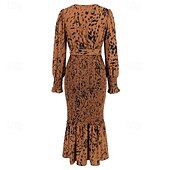 preiswerte abendkleider-Damen Midikleid Cocktailkleid Etui-Kleid Mode Urlaub Ferien Teegesellschaft Normale Passform Leopard Langarm V Ausschnitt Schwarz Khaki Aprikose Sommer