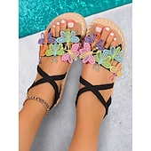economico Infradito da Vacanza-sandali floreali boho da donna – ballerine con cinturini e fiori ricamati colorati per l&#039;estate, la spiaggia e lo stile casual all&#039;aperto