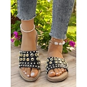abordables Sandales de Vacances-Sandales à enfiler noires cloutées pour femmes – sandales plates tendance à rivets dorés pour l&#039;été, la plage et les sorties décontractées