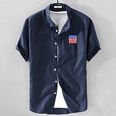 preiswerte Business Casual-Herren Leinenhemd Freizeithemd Baumwoll-Leinen-Hemd Knopfhemd Muster Urlaub Straße Weiß Dunkelmarine Himmelblau Aprikose Kurzarm Revers Sommer Bekleidung Button-Down