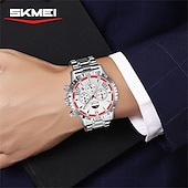 お買い得  クォーツ腕時計-SKMEI メンズ サン ムーン スター スチールベルト 時計 多機能 三眼 六針 タイミング ナイトライト ポインター 時計