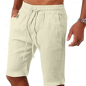 cheap Classic-Men&#039;s Shorts Linen Shorts Summer Shorts Beach Shorts Drawstring Elastic Waist Plain Comfort Breathable Knee Length Outdoor Daily Beach Fashion Classic Style Black White