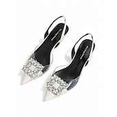 abordables tacones kitten-Zapatos de tacón negros con punta puntiaguda y tira trasera para mujer: zapatos de noche transparentes con hebilla de cristal.