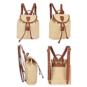 economico Zaini alla moda-zaino in paglia per donna – borsa da viaggio in rattan intrecciato boho con cinturini in pelle, zaino da spiaggia estivo chic, borsa casual per le vacanze e l&#039;uso quotidiano bianco rosa marrone