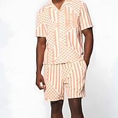 tanie Set med tryckta skjortor för män-Men's Geometic 2pcs Shirts Sets Shirt Short Sleeve Short Pants Cuban Collar Vacation Casual Daily Party Casual Daily 3D Print Summer Orange