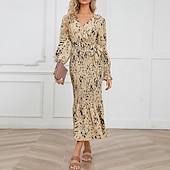 preiswerte abendkleider-Damen Midikleid Cocktailkleid Etui-Kleid Mode Urlaub Ferien Teegesellschaft Normale Passform Leopard Langarm V Ausschnitt Schwarz Khaki Aprikose Sommer
