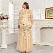 cheap Plus Size Dresses-Mermaid / Trumpet Evening Gown Sparkle Dress Formal Floor Length Long Sleeve Crew Neck Champagne Mother Of the Bride Dress Tulle with Embroidery 2025