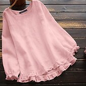 cheap Shirts-Women&#039;s Blouse Cotton Linen Shirts Plain Basic Modern Long Sleeve Square Neck Regular Tops Daily Holiday Going out Ruffle Black White Pink Army Green Navy Blue Summer