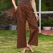 baratos Calça de linho de algodão simples-Mulheres Calças de linho de algodão Calças Simples Casual Comprimento total Natural Tecido Bolsos Design de cordão elástico Confortável Exterior Rua Roupa Diária Marron Escuro Verde Depressão Azul de