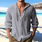 cheap Vacation-Men&#039;s White Cotton Shirt Casual Shirt Button Up Shirt Cotton Shirt Pattern Vacation Street Black White Blue Khaki Long Sleeve Hooded Spring &amp; Summer Clothing Apparel Button-Down