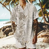 billige Trykkede skjortesett for menn-Herre Trær / blader 2stk Skjorter sett Hawaii skjorte Kortermet Korte bukser cubansk krage Ferie Avslappet Strandferie 3D-utskrift Sommer Grå Hvit Lysegrønn