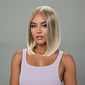 baratos Perucas Sintéticas sem Touca-Perucas sintéticas Liso Reta natural Parte do meio Com Franjas Fabrico à Máquina Peruca 14 polegadas A1 Cabelo Sintético Mulheres Repartida ao Meio Clássico Confortável Loiro