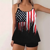 billiga Tankinis-Dam Plusstorlekar Badkläder Tankini 2 st Längre baddräkt Pojkeben Baddräkt Öppen rygg Stickat Hög midja Stylish Sportig Flagga Randig Doppa Ärmlös Baddräkter