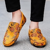 abordables Chaussures sans lacets &amp; mocassins-Mocassins brodés de fleurs pour hommes en daim jaune - des chaussures élégantes à enfiler parfaites pour les sorties décontractées et les événements artistiques