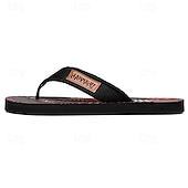 cheap Vacation Sandals-Men&#039;s Fashion Flip-Flops - Red and Black Geometric Pattern with Leather Accents - Casual Beachwear