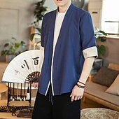 economico Casual da lavoro-Per uomo Camicia camicia di lino Maglietta informale Camicia di cotone Color Block Da mare Per eventi Blu marino Albicocca Mezza manica A V Estate Abbigliamento Collage