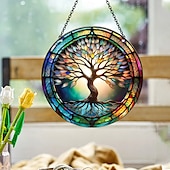 cheap Wall Sculptures-Acrylic Tree of Life Wall Hanging Decor, 5.9 x 5.9 Inch Round 2D Colorful Print Ornament, Creative and Unique Wall Art for Home, Window, Door, Party, and Festive Decoration