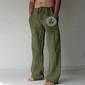お買い得  クラシック-男性用 リネンパンツ ズボン サマーパンツ ビーチパンツ ストレート 弾性巾着デザイン フロントポケット まっすぐな足 サンケア グラフィック 履き心地よい ソフト カジュアル 日常 休暇のために ファッション デザイナー ダークブラウン ターメリック