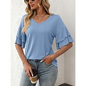 cheap Plain tee-Women&#039;s T Shirt Plain Fashion Modern Short Sleeve V Neck Regular Tops Daily Ruffle Black White Wine Sky Blue Fuchsia Summer
