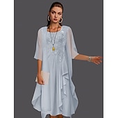 abordables Avec veste-Robe à deux pièces A-ligne pour la mère de la mariée à la plage invitée de mariage élégant col arrondi longueur genou chiffon dentelle sans manches vestes avec plis et appliqués 2025 taille