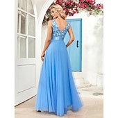 preiswerte Abendkleider-A-Linie Abendkleid Elegant Kleid Abendgesellschaft Abschlussball Bodenlang Ärmellos V Ausschnitt Gürtel / Schärpe Tüll V-Ausschnitt mit Glitzer Stickerei 2025