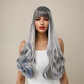 baratos Perucas Sintéticas sem Touca-Perucas sintéticas Ondulado Trama Curly Corte em Camadas Com Franjas Fabrico à Máquina Peruca 28 polegadas A1 Cabelo Sintético Mulheres Clássico Confortável Cores Gradiente Multi Cores