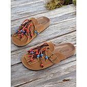 billiga Lätta damskor-damfransar med pärlor – solbrända mocka slip-on loafers med färgglada tofsar och spänne för boho-stil, avslappnade utflykter och sommarfestivaler