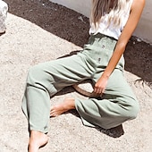 abordables Pantalón liso de lino y algodón-Mujer Pantalones de lino y algodón pantalones Casual Longitud total Cintura Media Plano Cintura elástica Confortable Al Aire Libre Deporte Calle Vino Azul marinero Gris Negro Verano Ajuste regular