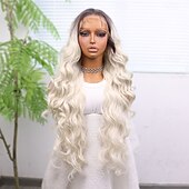 abordables Perruques synthétiques à dentelle-Perruque en dentelle synthétique Ondulation naturelle Style 30 pouce Brun avec des points forts dorés Raie au milieu dentelle frontale 13x4 Perruque Femmes Perruque Blanc crème
