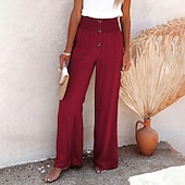 abordables Pantalón liso de lino y algodón-Mujer Pantalones de lino y algodón pantalones Casual Longitud total Cintura Media Plano Cintura elástica Confortable Al Aire Libre Deporte Calle Vino Azul marinero Gris Negro Verano Ajuste regular