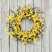abordables Couronnes et guirlandes-couronne de printemps guirlande de brindilles florales artificielles jaunes - décoration rustique suspendue pour portes, clôtures, jardins &amp;terrasse