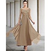 billiga Golvlängd-A-linjeformad klänning för brudens mor bröllopsgäst elegant plus size juvelhals ankellängd chiffong spets 3/4 längd ärm med ruched paljetter applikationer gratis anpassad storlek