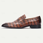 cheap Premium Leather Loafers-Men's Classic Brown Crocodile Pattern Leather Dress Shoes - Ideal for Business Meetings and Kentucky Derby