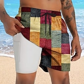 cheap Geometric Print-Men&#039;s Color Block Patchwork Lined Shorts 2 in 1 Board Shorts Swim Shorts Mid Waist Hawaiian Vacation Holiday Beach Wear Side Pockets With Compression Liner Elastic Drawstring Waist Designer Clothing