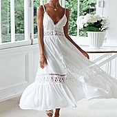 cheap White Casual Dresses-Women&#039;s Midi Dress Cotton Linen Dress Slip Dress Boho Dress Basic Classic Modern Vacation Holiday Going out Regular Fit Plain Sleeveless Spaghetti Strap White Summer