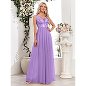 preiswerte Abendkleider-A-Linie Abendkleid Elegant Kleid Abendgesellschaft Abschlussball Bodenlang Ärmellos V Ausschnitt Gürtel / Schärpe Tüll V-Ausschnitt mit Glitzer Stickerei 2025