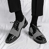 economico Formale-scarpe oxford da uomo in pied de poule bianco e nero con dettagli in vernice, elegante design con lacci per eventi formali alla moda