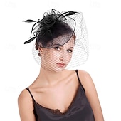 voordelige Hoeden &amp; Hoofdstukken-Helm Tule Veren Bruiloft Avond Feest Elegant Bruiloft Met Veer Tule Helm Hoofddeksels