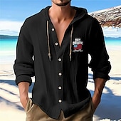preiswerte Urlaub-Herren Weißes Baumwollhemd Freizeithemd Knopfhemd Baumwollhemd Muster Urlaub Straße Schwarz Weiß Blau Khaki Langarm Mit Kapuze Frühling &amp; Sommer Bekleidung Button-Down