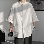 economico Casual da lavoro-Per uomo Camicia Camicia di lino Camicia casual Camicia con Bottoni Camicia di cotone Semplice Vacanza Camicia hawaiana Nero Bianco Blu marino Cachi Mezza Manica Colletto alla coreana Estate